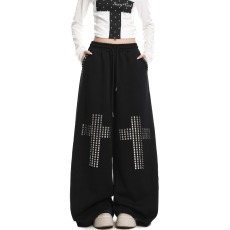 批发美式复古烫钻十字架松紧腰休闲裤女2026春秋宽松显瘦酷飒风拖地裤