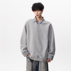 批发假两件翻领<b class='q'>卫衣</b><b class='q'>男</b>春秋季美式潮牌宽松学生POLO衫拼接上衣休闲<b class='q'>外套</b>