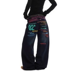 批发美式高街辣妹彩色字母微喇牛仔裤男女春季宽松休闲直筒阔腿裤