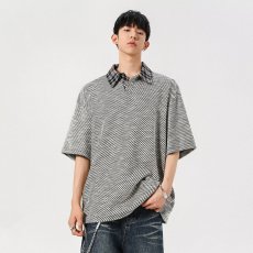 批发复古老钱风格纹撞色衬衫领短袖T恤男女<b class='q'>情侣</b><b class='q'>宽松</b>百搭上衣百搭新款