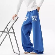 批发蓝色字母印花运动卫裤男款美式hiphop街舞直筒裤子垂感弯刀阔腿裤