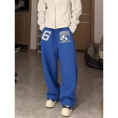 批发蓝色字母印花运动卫裤男款美式hiphop街舞直筒裤子垂感弯刀阔腿裤