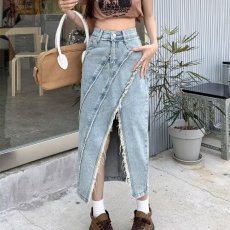 批发不规则开叉牛仔A字半身裙女夏季新款高腰显瘦毛边中长裙