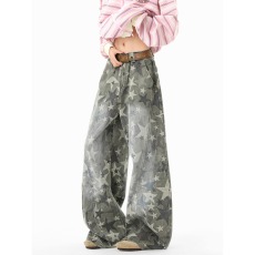 批发美式复古满印星星牛仔裤秋季新款<b class='q'>设计</b>感宽松直筒阔腿裤弯刀裤子