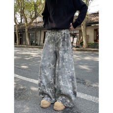 批发美式复古星星满印工装牛仔裤男女秋季潮牌解构<b class='q'>休闲</b>裤宽松拖地裤子