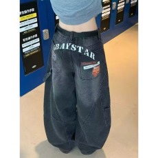 批发废土风复古字母印花贴布弯刀牛仔裤女25新款街头百搭直筒阔腿长裤