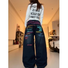 批发美式彩色字母美式裤子高街复古直筒牛仔裤男女<b class='q'>设计</b>感小众hiphop