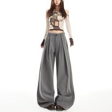 批发高级感灰色打褶弯刀西裤男女秋季潮cleanfit垂感阔腿裤宽松<b class='q'>休闲</b>裤