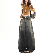 批发美式复古水洗做旧弯刀牛仔裤女渐变扎染宽松显瘦阔腿裤垂感拖地裤