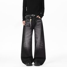 批发2026春季美式猫须水洗做旧牛仔裤男宽松复古<b class='q'>设计</b>感弯刀阔腿长裤子