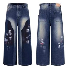 批发复古蓝花朵刺绣牛仔裤女2026春秋季新款梨形宽松显瘦直筒裤阔腿裤