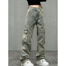 批发美式复古高街多口袋工装牛仔裤男女潮牌宽松大口袋拼接直筒<b class='q'>休闲</b>裤