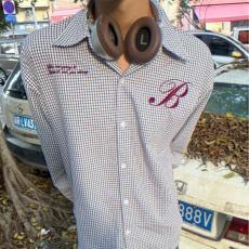 批发简约男装春秋季新款字母上衣外套<b class='q'>百搭</b>高质量刺绣长袖格子衬衫潮流