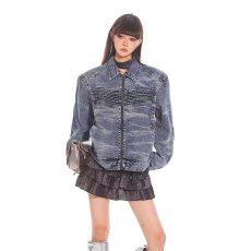 批发美式复古水洗扎染牛仔外套男秋季高街潮牌痞帅喷漆<b class='q'>设计</b>感机车夹克