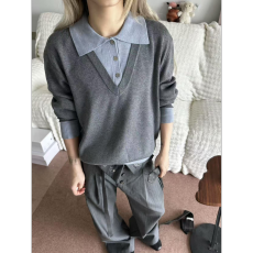 批发老钱风假两件miu系polo领<b class='q'>毛衣</b><b class='q'>男</b>款秋季慵懒松弛感休闲针织衫外套