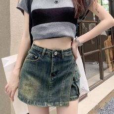 批发美式复古高腰牛仔<b class='q'>短</b>裤女春夏新款大码胖妹妹a字半身<b class='q'>裤裙</b>阔腿热裤