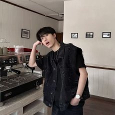 批发美式复古水洗磨破短款牛仔<b class='q'>马甲</b>无袖外套<b class='q'>男</b>春夏季潮流帅气坎肩上衣