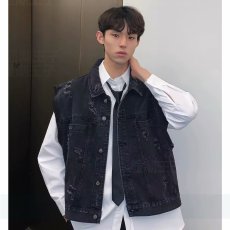 批发美式复古牛仔马甲外套男春装<b class='q'>韩版</b>宽松直筒无袖外搭夹克上衣