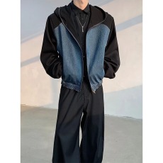 批发牛仔拼接短款垫肩外套男春<b class='q'>秋</b>hiphop美式高街潮牌痞帅宽松连帽夹克