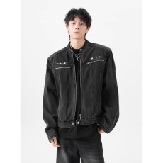 批发水洗牛仔外套短款cleanfit夹克男<b class='q'>秋</b>季设计感拉链立领牛仔衣