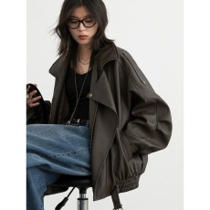 批发大码复古棕机车服PU皮衣外套女<b class='q'>冬</b>季宽松高级感气质胖mm女装