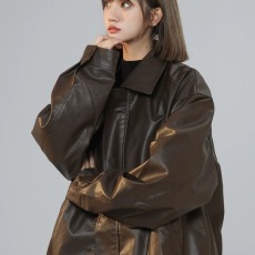批发美拉德棕色机车PU皮衣女老钱风复古外套女<b class='q'>秋</b>冬重磅宽松夹克上衣黑