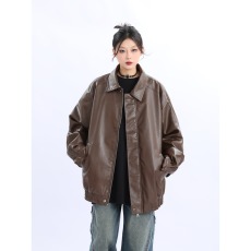 批发<b class='q'>秋</b>季新款PU皮纯色嘻哈外套上衣ins美式复古机车风皮夹克男女帅气