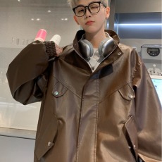 批发大码美式复古咖色机车Pu皮衣女<b class='q'>秋</b>季高级感宽松短款夹克开衫外套潮