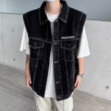 批发BJHG不计后果<b class='q'>秋</b>季水洗做旧工装马甲女潮美式复古牛仔无袖坎肩外套