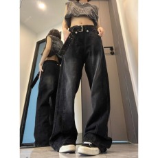 批发美式高街vibe黑色牛仔裤男女设计感小众直筒裤子高级感复古长裤子