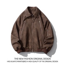 批发美拉德棕色PU皮工装外套男春秋美式vintage多拉链设计飞行员<b class='q'>夹克</b>