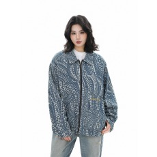 批发美式复古工装牛仔<b class='q'>外套</b>波点翻领百搭宽松<b class='q'>休闲</b>潮牌上衣