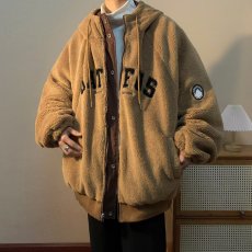 批发冬季复古双面穿羊羔毛连帽棉衣<b class='q'>男</b>宽松休闲流行字母棉袄外套