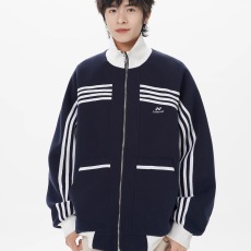 批发美式<b class='q'>条纹</b>撞色运动夹克男秋高街潮牌复古外套小众宽松休闲立领上衣