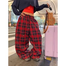 批发美式设计感拼色格子抽绳<b class='q'>休闲裤</b>男女宽松百搭阔腿拖地长裤