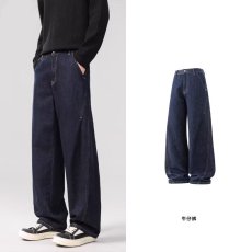 批发秋季新款丹宁蓝牛仔裤男士水洗宽松美式休闲拼接复古弯刀裤