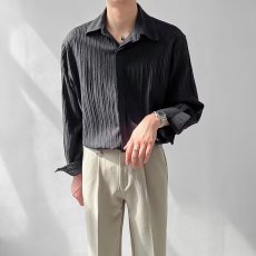 批发高级感<b class='q'>衬衫</b>男长袖褶皱感韩版潮流<b class='q'>衬衣</b>春秋新款痞帅宽松休闲上衣男