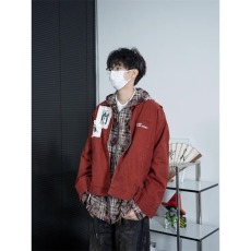 批发复古格子双面穿拼接翻领<b class='q'>夹克</b><b class='q'>男装</b>ins潮牌宽松休闲飞行员工装外套