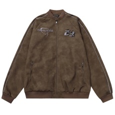 批发美式复古春秋季棕色宽松重磅刺绣pu皮外套<b class='q'>男</b>女刺绣机车服<b class='q'>皮衣</b>夹克