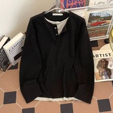 批发<b class='q'>新款</b>假两件长袖t恤男女装秋季oversize宽松休闲打底衫上衣