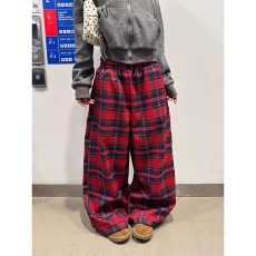 批发美式复古拼色红格抽绳阔腿<b class='q'>休闲裤</b>男女宽松百搭潮流拖地长裤