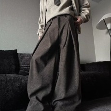 批发老钱风千鸟格A字打褶西裤男垂感抗皱微喇裤子直筒商务休闲阔腿裤