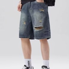 批发夏季美式休闲水洗复古黄泥色破洞牛仔短裤男直筒宽松潮牌五分裤子