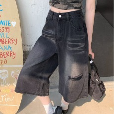 批发美式复古闪电纹牛仔七分裤2026夏季宽松直筒休闲六分高街五分裤子