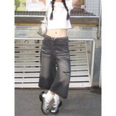 批发潮牌复古黑色薄款破洞直筒低腰牛仔七分短裤女<b class='q'>装</b>潮牌牛仔裤阔腿裤
