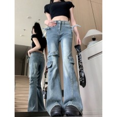 批发复古窄版蝴蝶结微喇叭牛仔裤女2025新款复古辣妹显瘦显高马蹄裤子