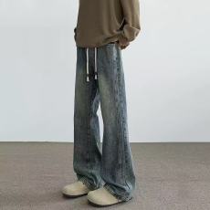 批发复古<b class='q'>牛仔裤</b>男款抽绳宽松直筒个性高街<b class='q'>男生</b>休闲微喇大码长裤