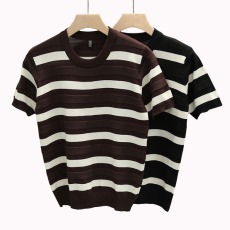 批发夏季新款修身<b class='q'>针织衫</b>上衣圆领t恤男休闲复古拼色黑白条纹男士短袖