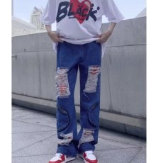 批发美式复古破洞阔腿牛仔裤女夏季新款高腰做旧ins街头直筒拖地裤潮