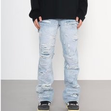 批发美式街头hiphop重磅水洗补丁拼接高街做旧复古青年堆叠喇叭牛仔裤